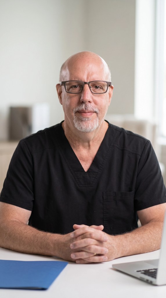Derick McConnell, FNP-BC, in black medical scrubs at Holistique Med Spa
