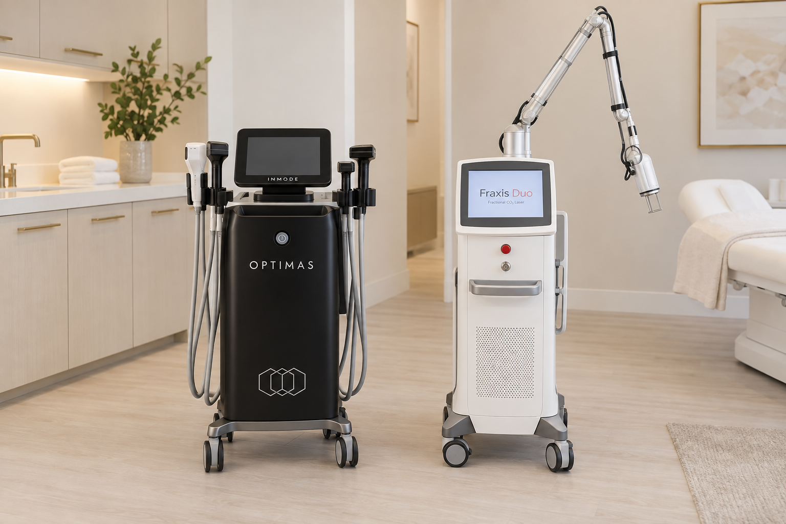 InMode Optimas and Fraxis Duo laser systems in a treatment room
