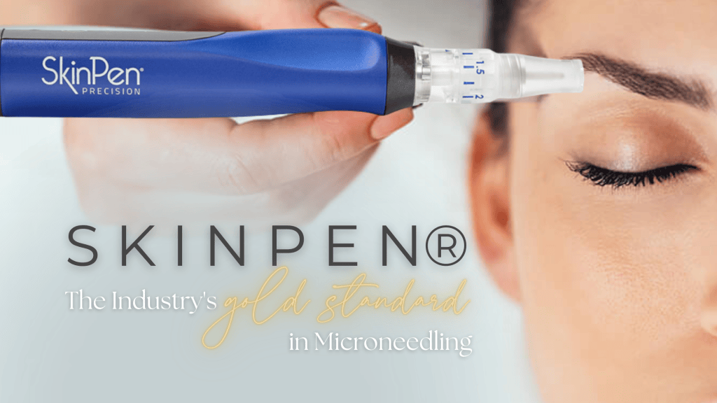 SkinPen Precision microneedling device beside a woman’s face.